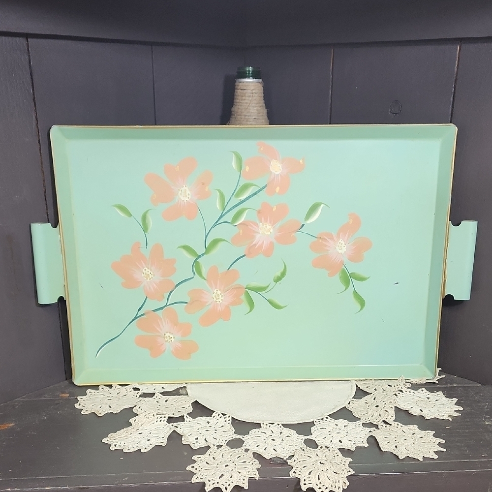 Hand-Painted Mid Century Floral Tray with Handles